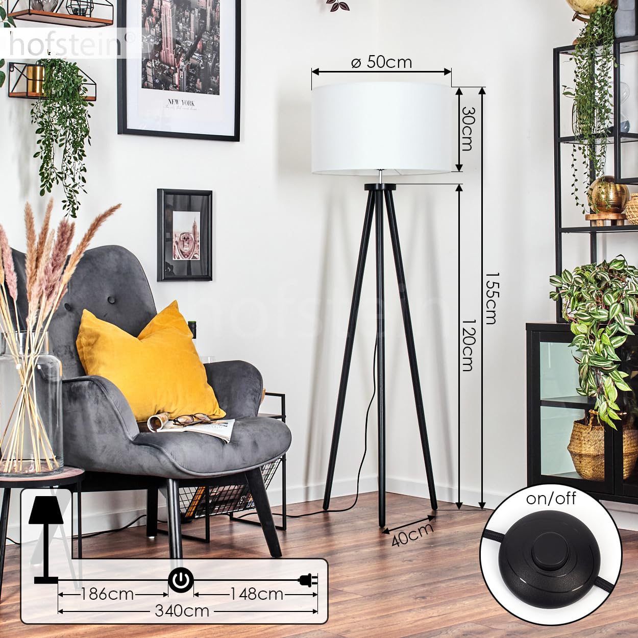 Felmming lampa stojąca, lampa podłogowa z drewna/tkaniny w kolorze czarnym/białym, lampa w skandynawskim designie z okrągłym kloszem (Ø 50 cm) i włącznikiem nożnym, wysokość 155 cm, 1x E27 bez żarówki
