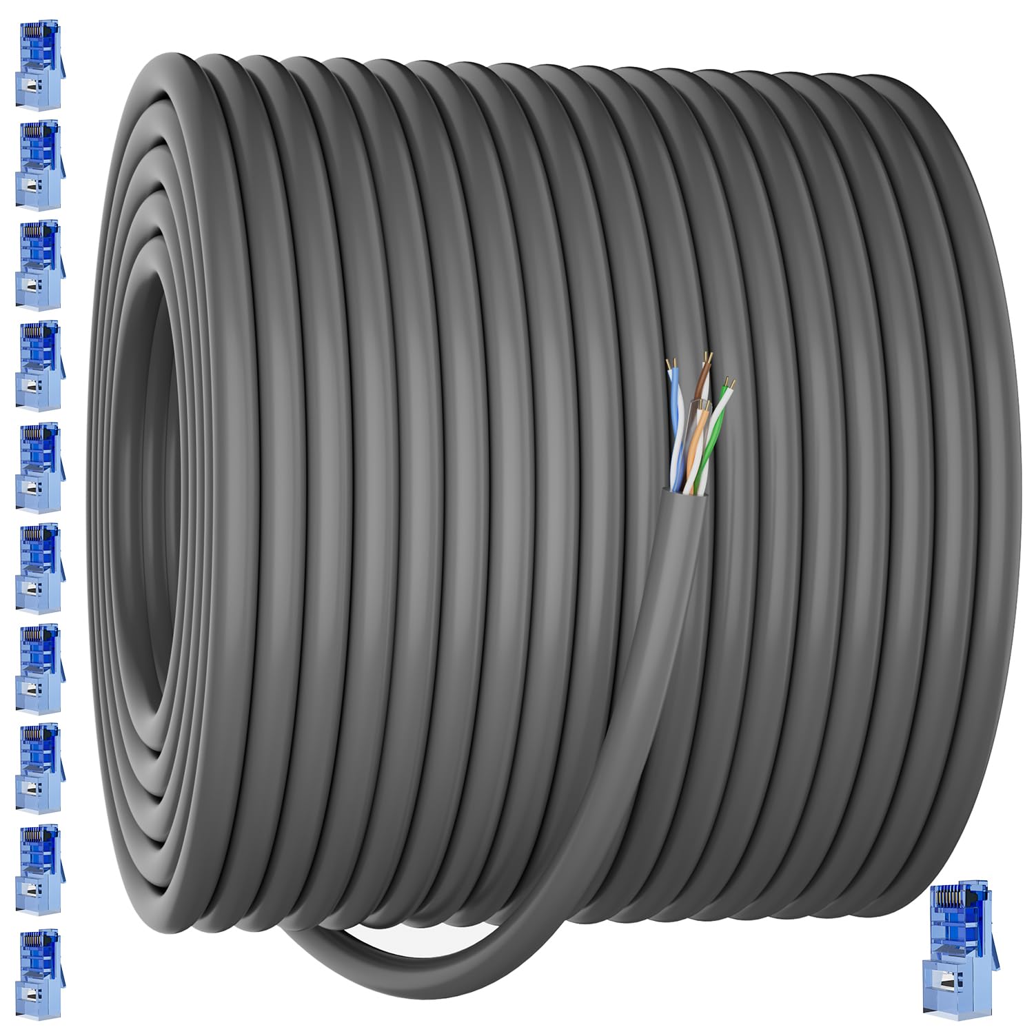 Soibke Câble Ethernet Cat 6 d'extérieur de 61 m (10 RJ45), câbles Ethernet Cat6 23 AWG en vrac, UTP, imperméable, enfouissement direct, dans la terre, résistant aux UV, réseau, LAN, Internet, câble