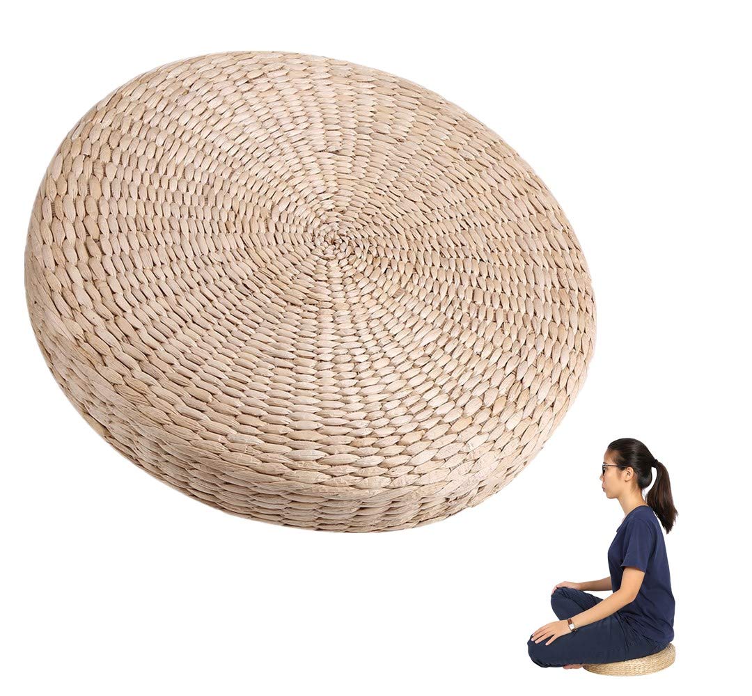 Huairdum Beige Japanese Tatami Seat Cushion, Natural Multi-Functional Hand Made 40Cm Round Pouf Tatami Cushion Floor Cushions Straw Meditation Soft Yoga Mat Furniture