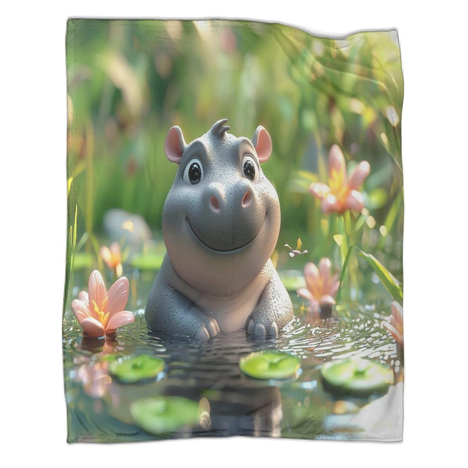 Couverture flanelle hippopotame 3D 150x200cm pour canapé et lit