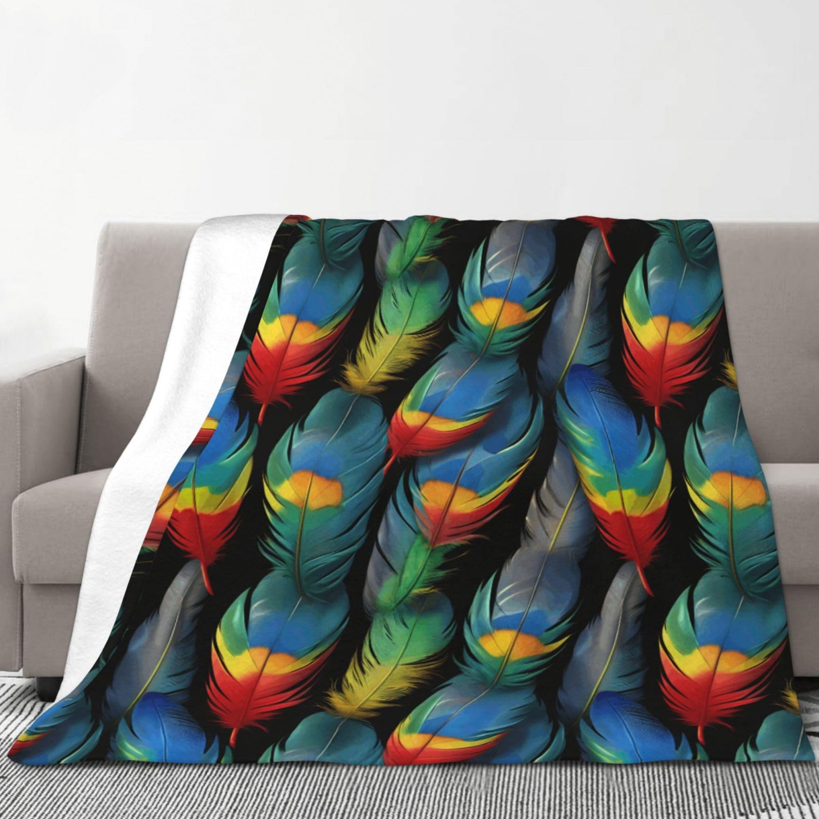 Gemütliche Winter-Flanelldecke, 70 x 80 cm, Papageienfeder-Druck, Überwurf für Sofa, Bett, Camping, weich, warm, perfekt für Heimdekoration und Außenbereich
