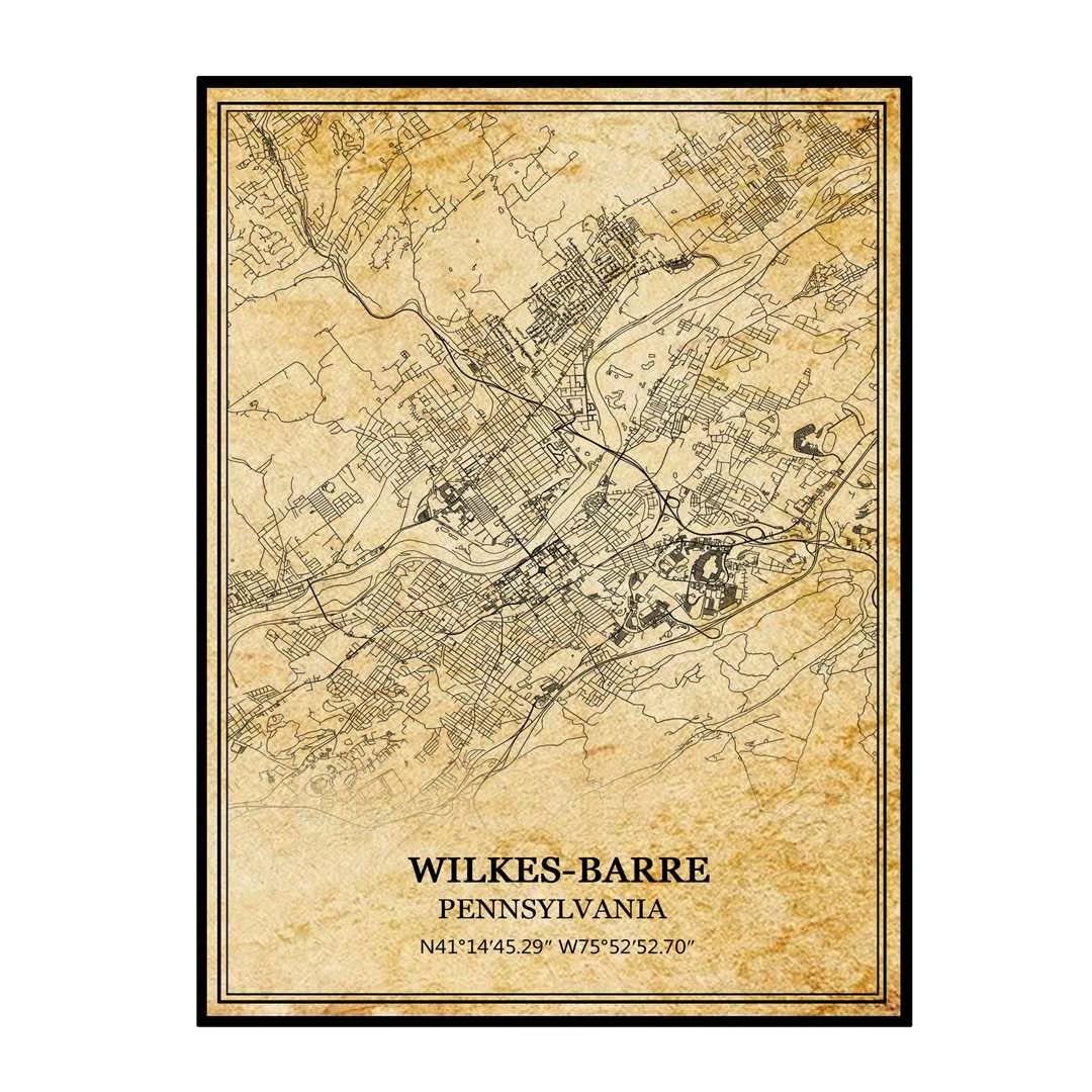 TANOKCRS Wilkes-Barre Pennsylvania USA America Vintage Mappa Poster Stampa artistica da parete, souvenir di viaggio, decorazione per la casa, senza cornice, 61 x 91 cm