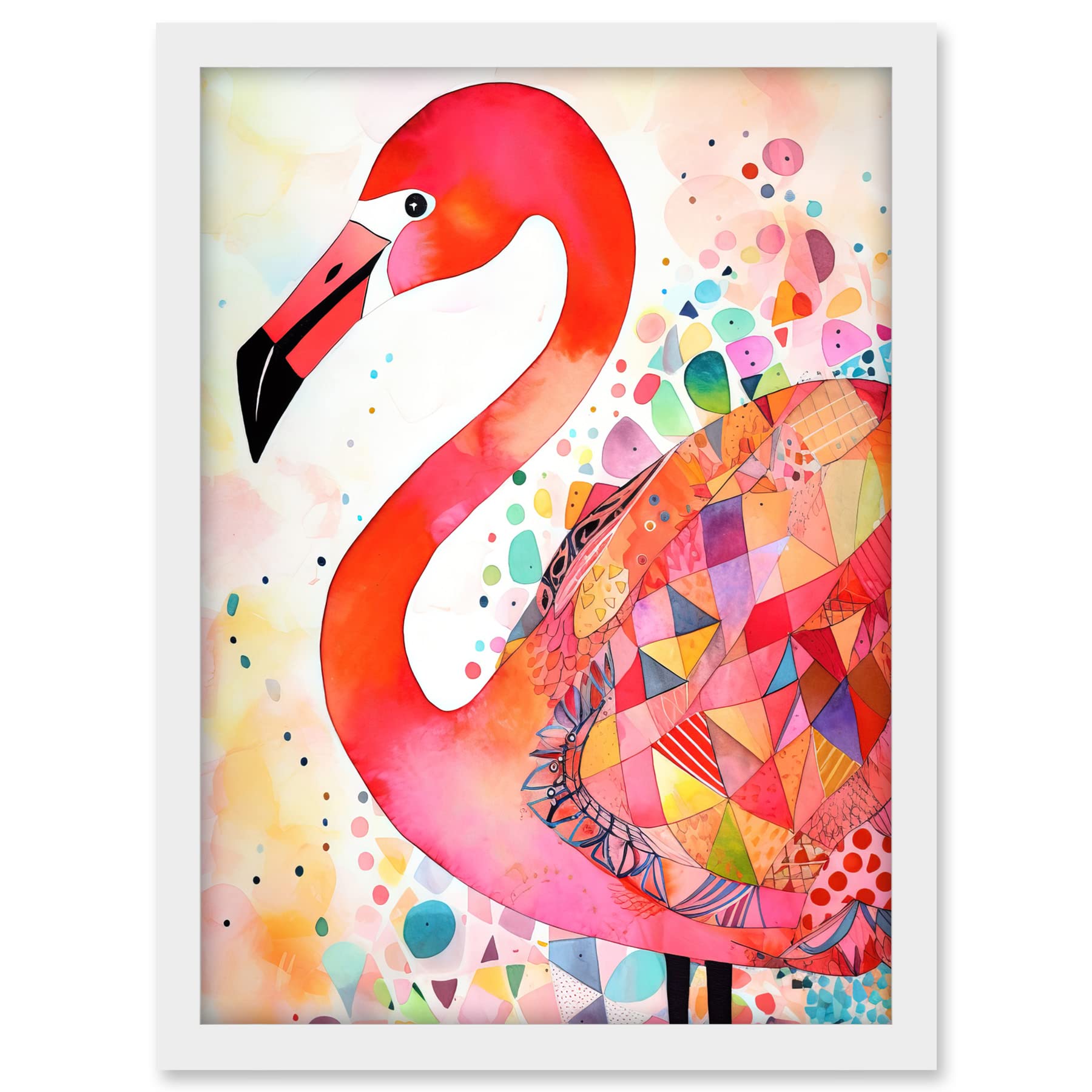Artery8 Flamingo Bird With Patterns Folk Art Watercolour Painting Artwork Framed A3 Wall Art Print