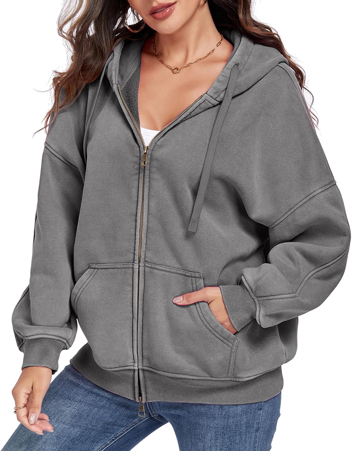 ALSOGO Womens Double Zip Up Oversized Hoodie Fleece Acid Wash Long Sleeve Sweatshirts Distressed Vintage Cotton Jackets - Image 4