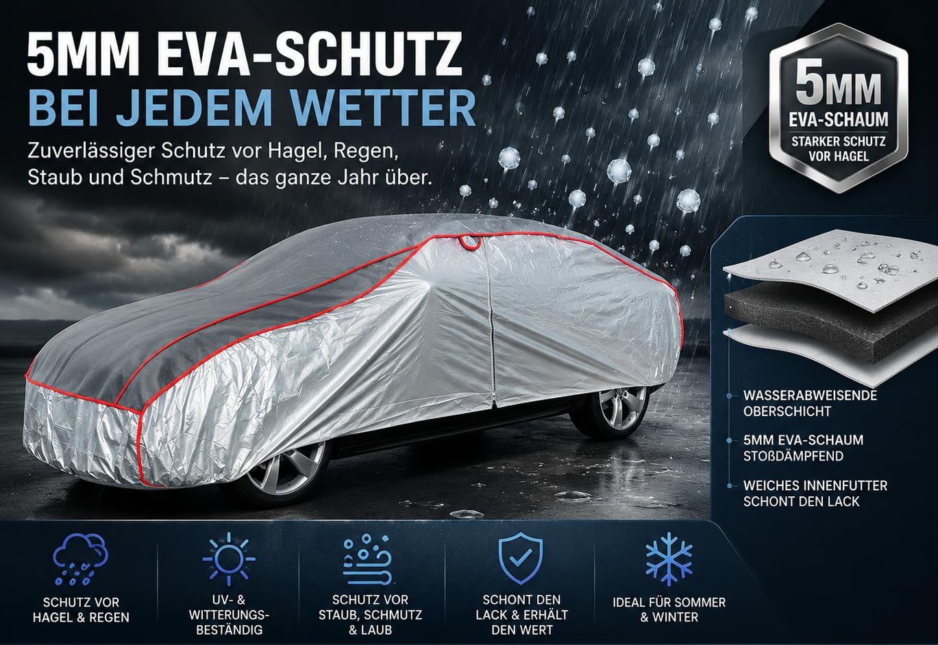 AMiO Autoabdeckung Hagelschutz - XL 5mm Eva Winter Sommer Reflektoren 02512