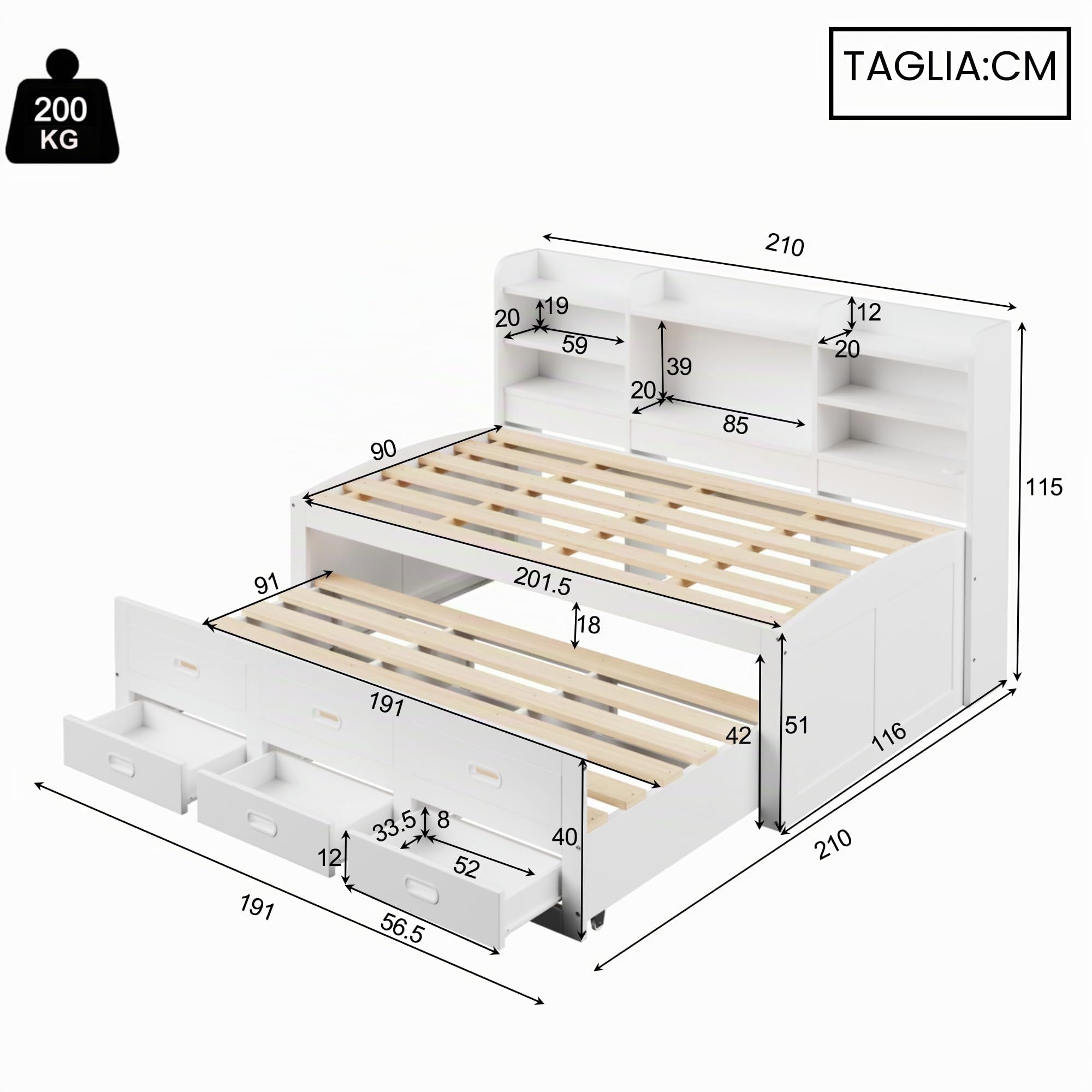 Moimhear Divano letto, telecomando a LED, 3 cassetti, ripiano comodino, letto estraibile multifunzione con USB+Type-c, senza materasso, bianco (90 x 200 cm)