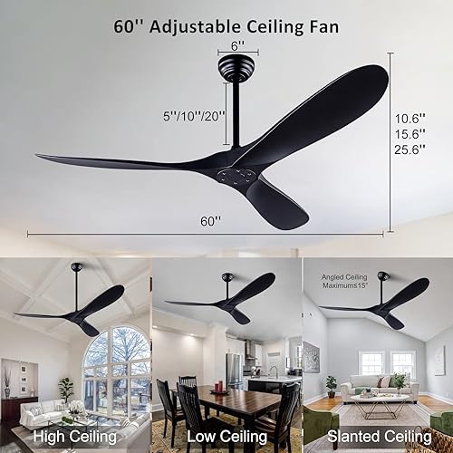Miniatura 6 de Ventilador de techo de 60 pulgadas con control remoto sin luces, moderno motor DC reversible para interiores y exteriores, ventiladores de techo de
