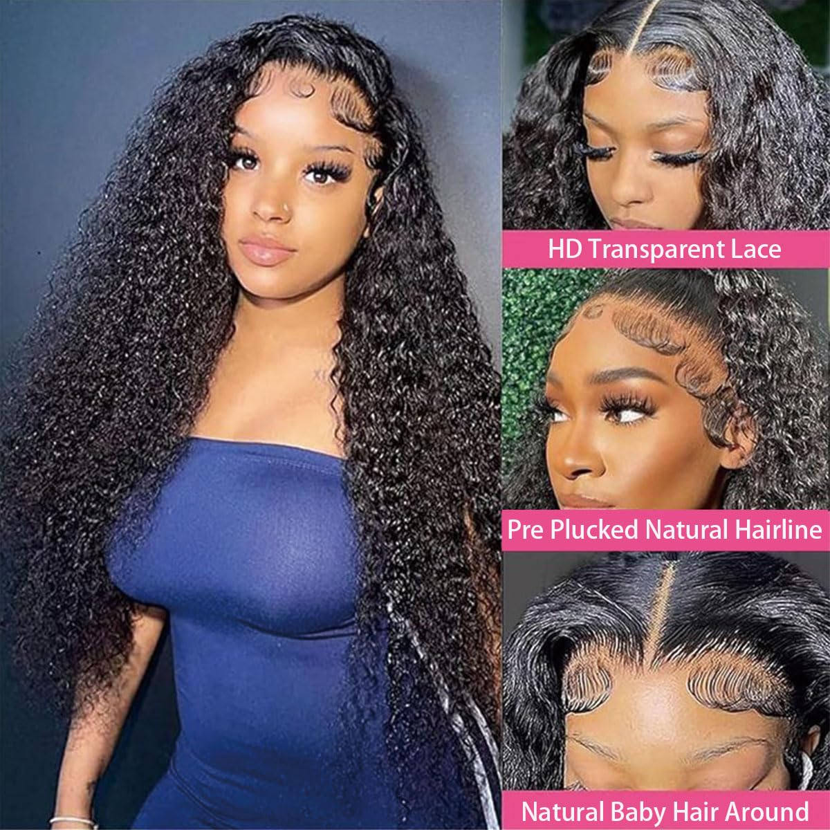 13x6 Deep Wave Lace Front Wigs Human Hair 200% Density Deep Curly Glueless Wigs Human Hair Pre Plucked HD Transparent Lace Frontal Wigs Human Hair For Women 24 Inch