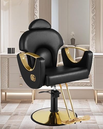 Silla de peluquería de salón negra y dorada, silla reclinable para estilista para el hogar, silla de peluquería con bomba hidráulica, giratoria de