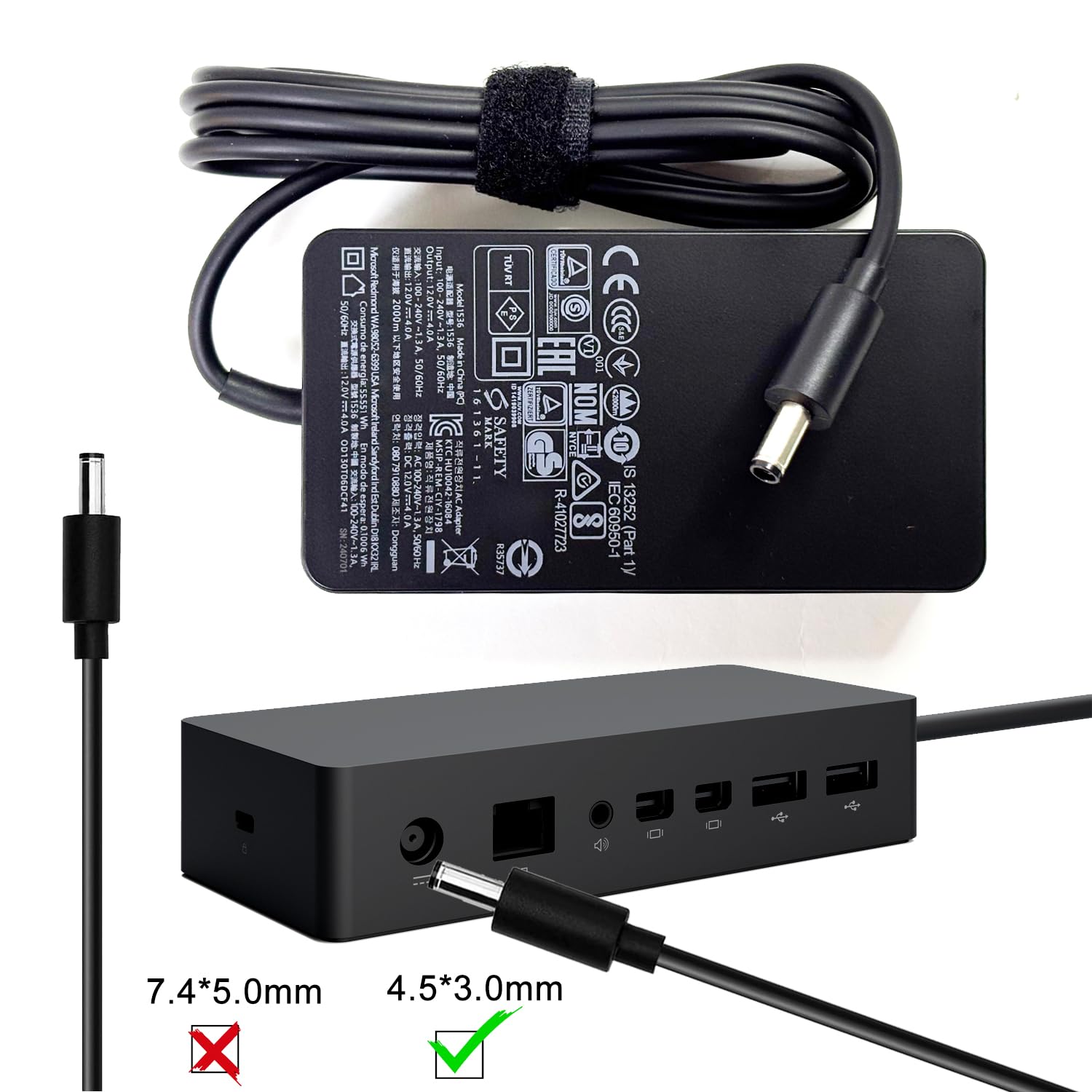 XITAIAN 53W 12V 4A 1536 Adaptador Cargador Portátil Repuesto para Microsoft Surface Pro 3 Docking Station Model 1627 1664 mit 5V 1.5A USB-Ladeanschluss (4.5mm*3.0mm)