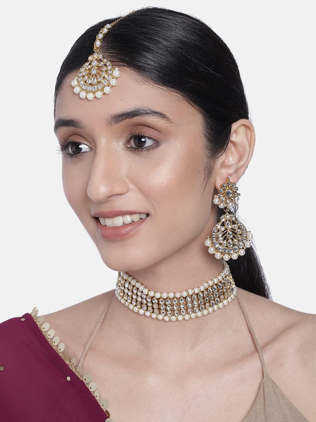Aheli Indian Wedding Beaded Faux Kundan Pearl Necklace Set with Earrings Maang Tikka Ethnic Bharatanatyam jewellery setGift for Women - Image 2