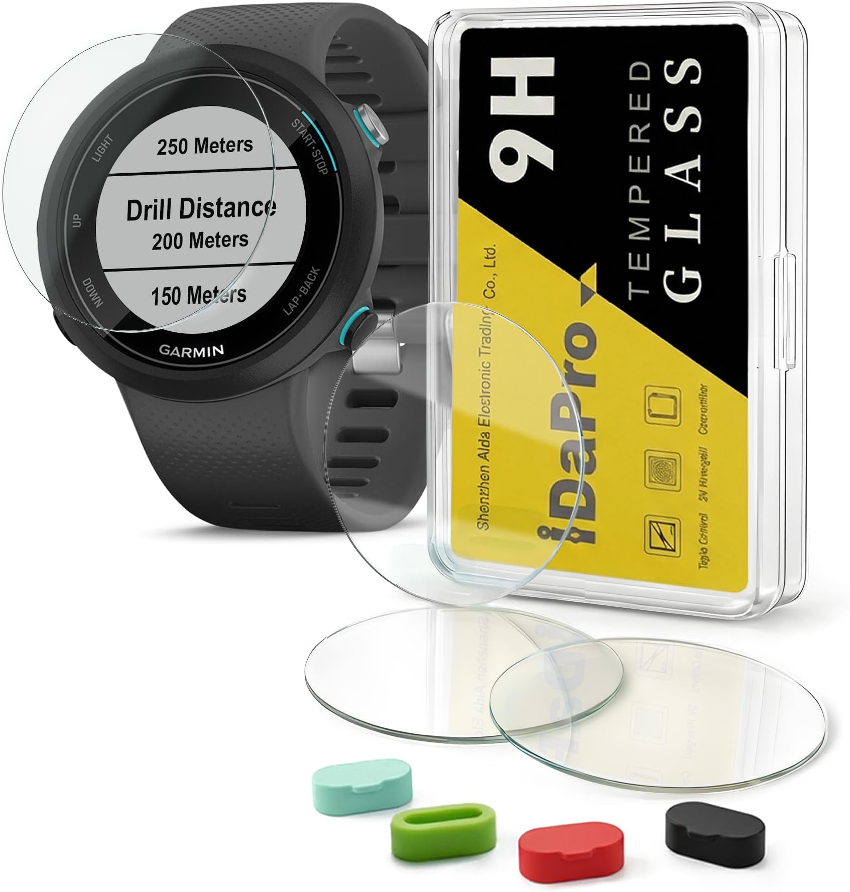 [4+4 Pack] Screen Protector for Garmin Swim 2 Swimming smartwatch with Silicone Anti-dust Plugs, 9H Tempered Glass Protection Kit in Reusable Storage Case, Anti-Scratch,Bubble-Free,Easy Installation