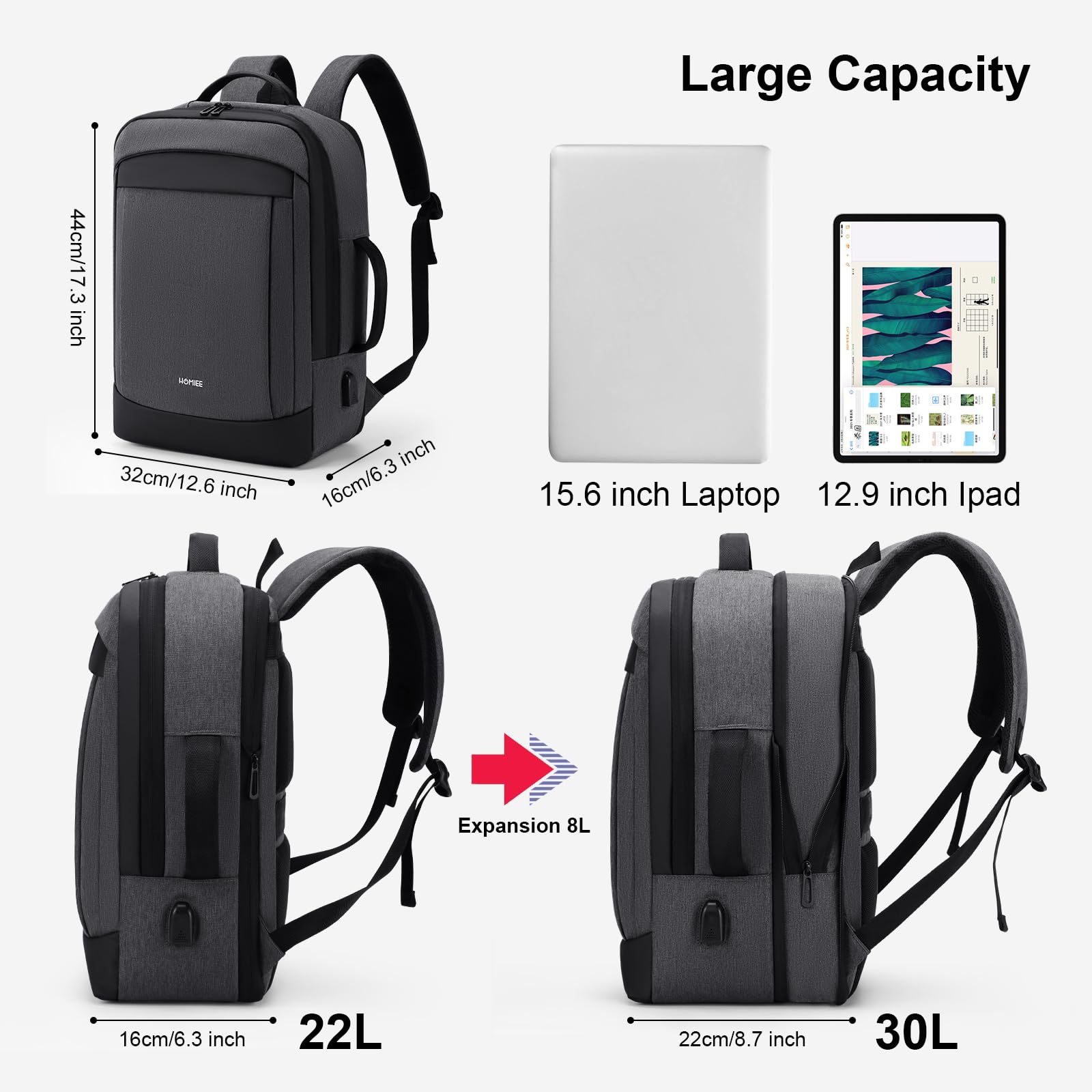 HOMIEE Zaino da Viaggio Aereo Zaino Porta PC 15.6 Pollici Zaini Uomo Impermeabile Anti-furto Antifurto Zaino Computer Portatile con Caricatore USB per Scuola Lavor Università