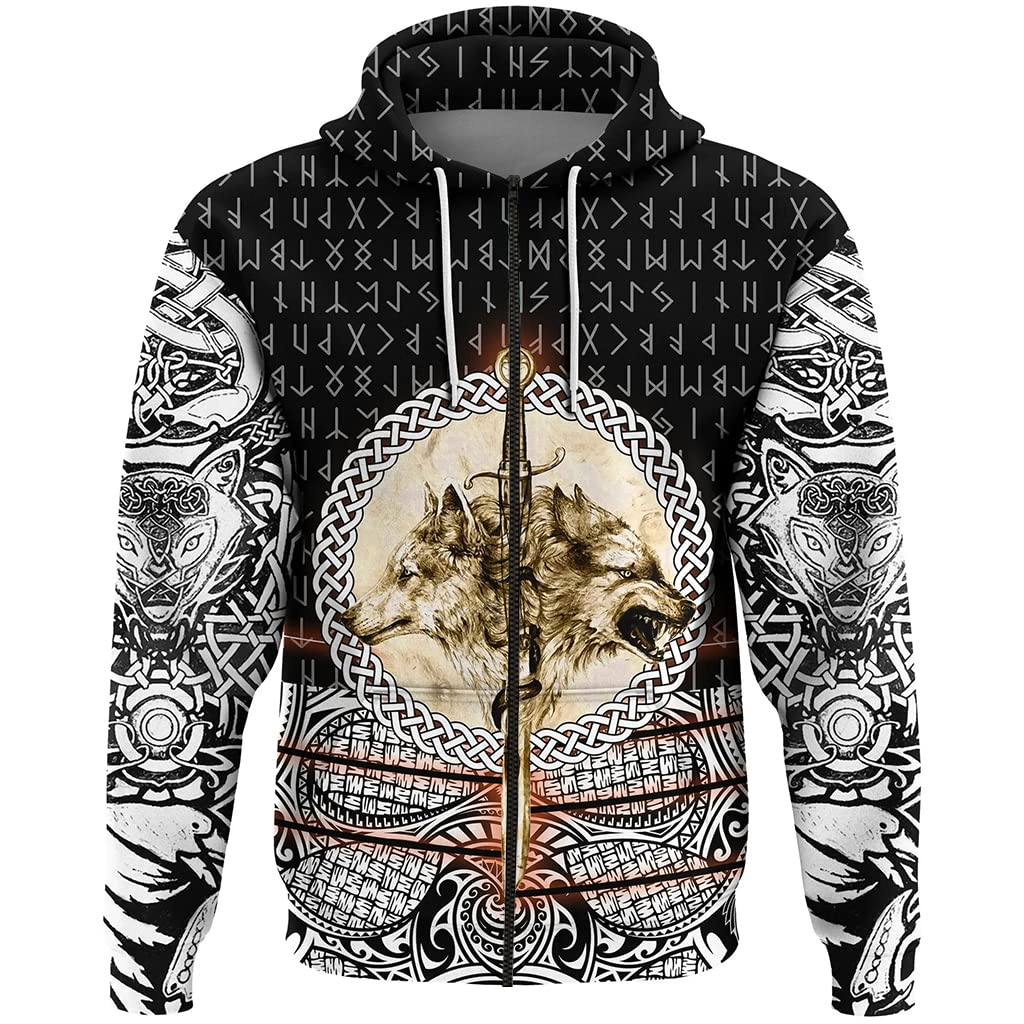 Sweat à capuche Viking WYPAN de qualité supérieure, zippé avec finitions runes celtiques 3D