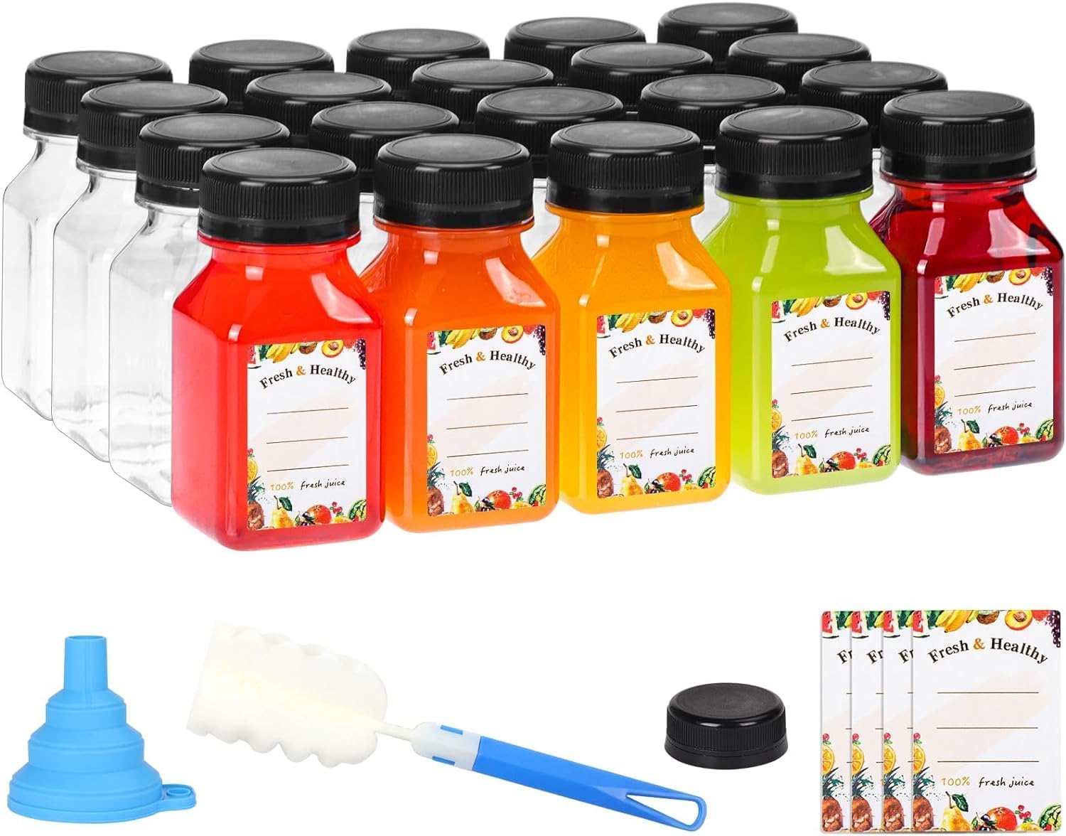 Premify 4oz 20Pack Juice Plastic Bottles – Empty Small Refillable Jars with Labels, Funnel & Brush Ideal For Essential Oils, Juices, DIY Projects & More – Leak-Proof & BPA-Free