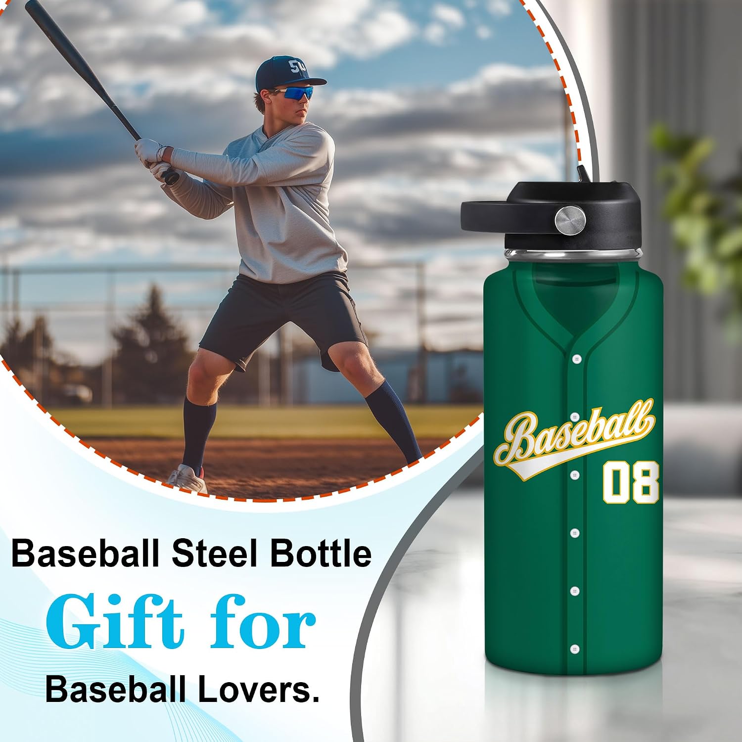Hyturtle Personalized Baseball Water Bottle - Travel Insulated Stainless Steel Bottle with Leak-Proof Lid 18oz 32oz - Gift for Men, Boys, Baseball Lovers, Players, Coaches - Birthday & Christmas Gift