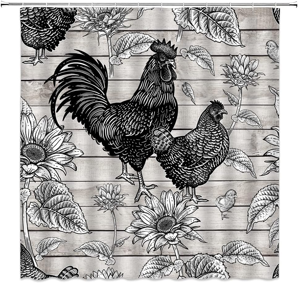 Rustic Farmhouse Chicken Shower Curtain Sunflower Rooster Cock Country Vintage Gray Barn Door Westrn Farmhouse Fabric Curtain Sets with Hooks,Black Gray