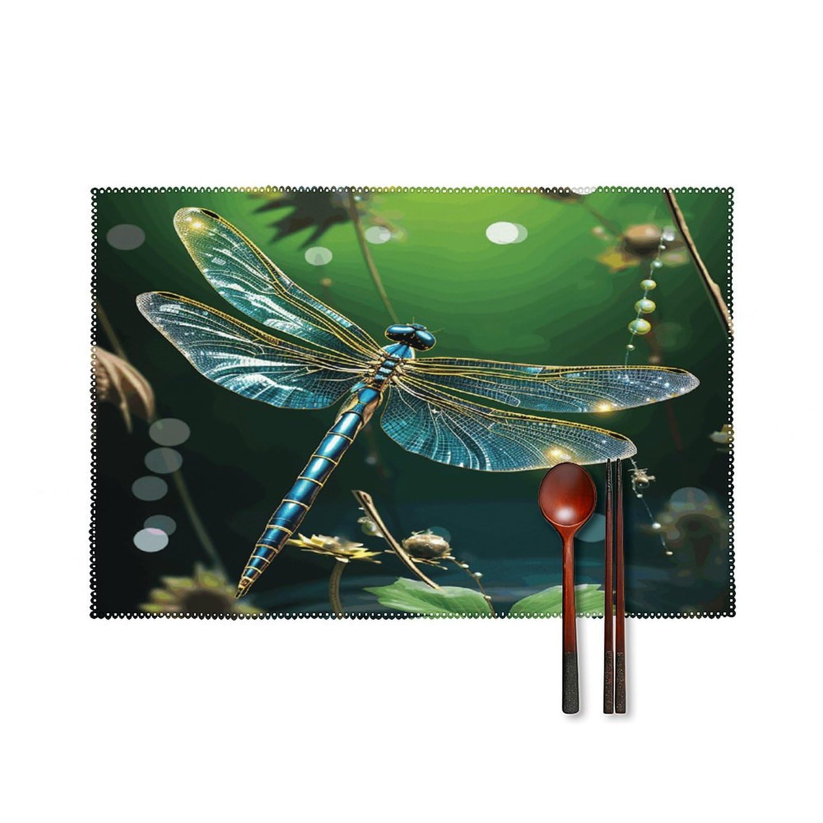 Dragonfly Green Placemats Set of 4 Heat Resistant Non-Slip Place Mats Reusable Dining Table Mats Canvas Place Mat Anti-Fading Waterproof Placemats for Dining Table Decor