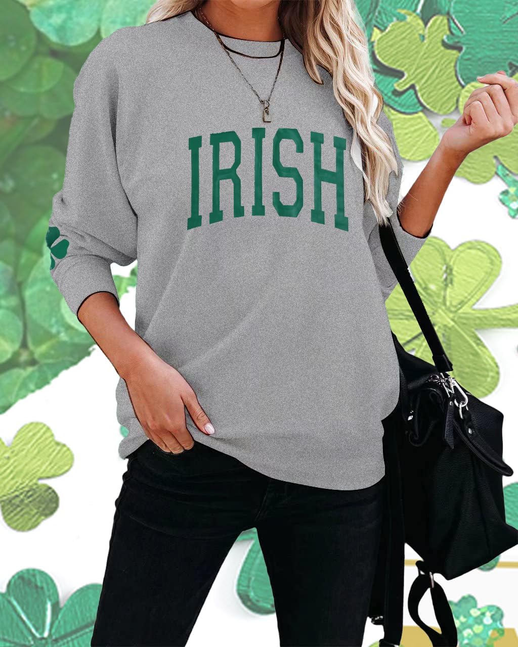 Women St. Patrick's Day Sweatshirts Shamrock Clover Print Shirts Casual Irish Gift Long Sleeve Loose Fit Tops - Image 2