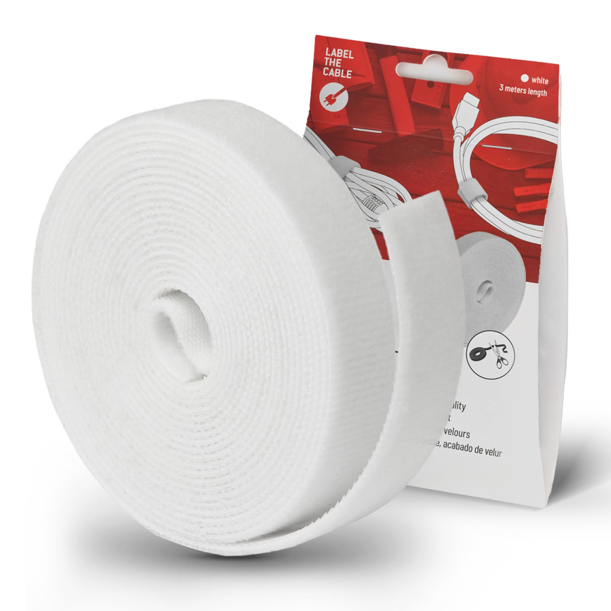 LABEL THE CABLE Roll of Double-Sided Hook and Loop Tape - Cable Ties Roll for Perfect Cable Management - Velour Quality - LTC ROLL Strap - 3 m x 16 mm - White - LTC 1220