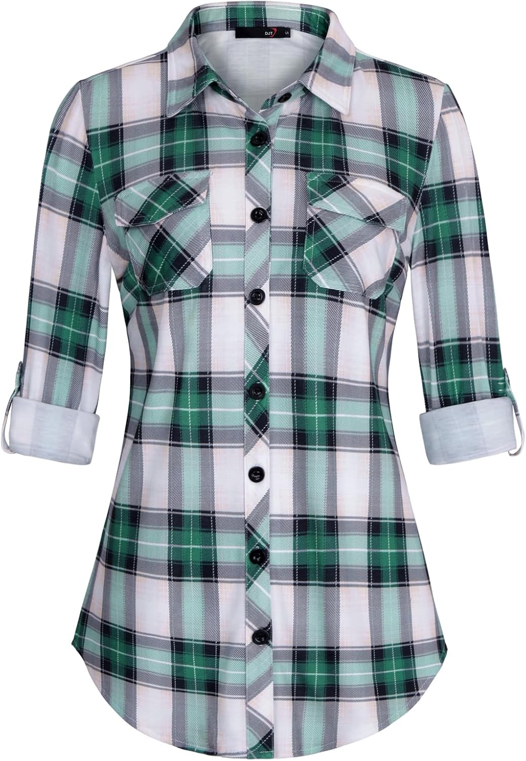 DJT Womens Soft Stretchy Knit Plaid Shirts Roll Up Long Sleeve Collared Button Down Blouses Tops