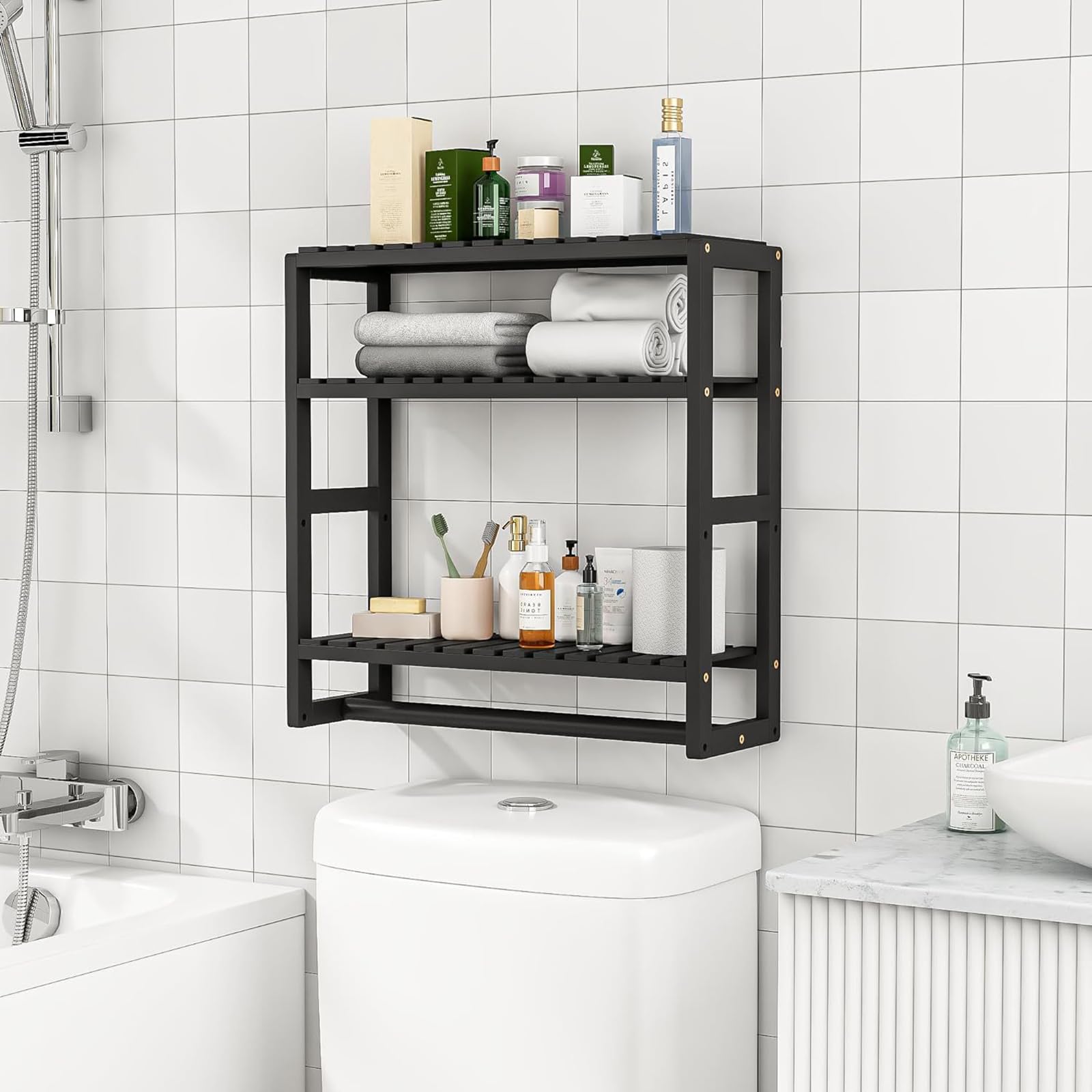 Easyhomie Estante de pared de bambú ajustable, estante multifuncional de tres niveles para baño, estante de cocina, estante para plantas, estante de libros y estante de exhibición para sala de estar,