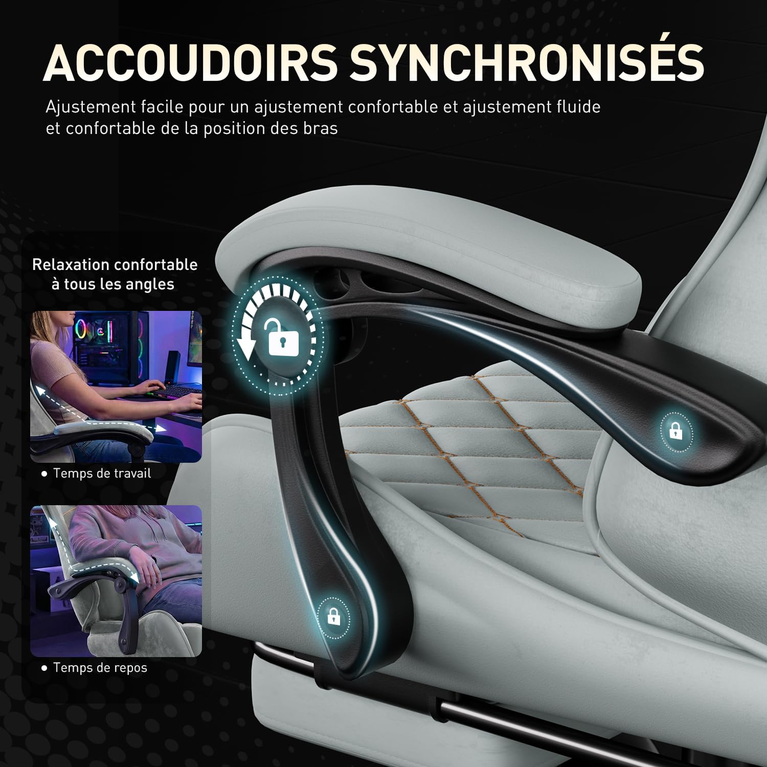 SOLAVERO Chaise Gaming en Tissu Suédine, Fauteuil Gamer Ergonomique avec Support Lombaire Massante, Siège de Bureau avec Repose-Pieds Télescopique, Charge 150kg, Bleu Clair