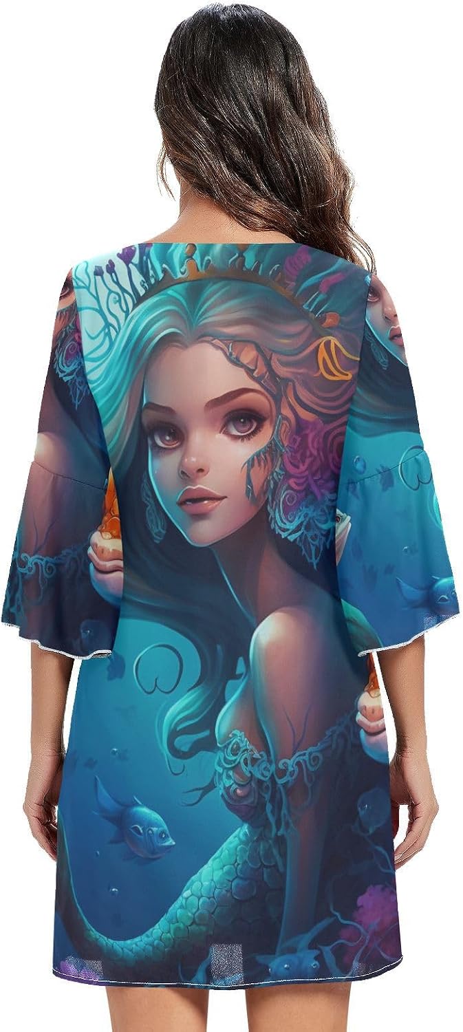 Anime Mermaid and Fish V Line Dress Printed Loose Summer Dress Women S-XXL