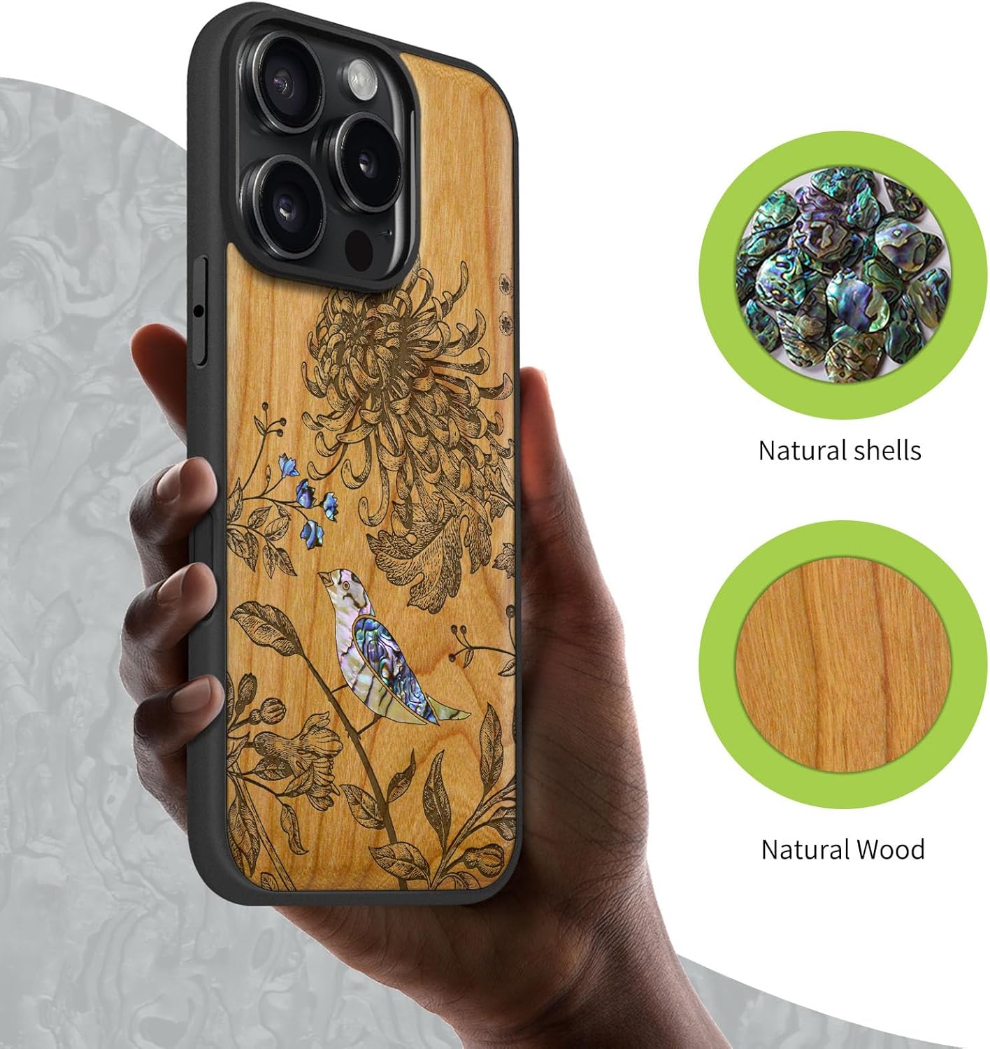 Carveit Magnetic Case for iPhone 16 Pro Case, Wood Artisan Engraved & Handmade Shell Inlaid, TPU Shockproof Cover, Compatible with MagSafe Wireless Chargers (Flowers and Bird) Cherry