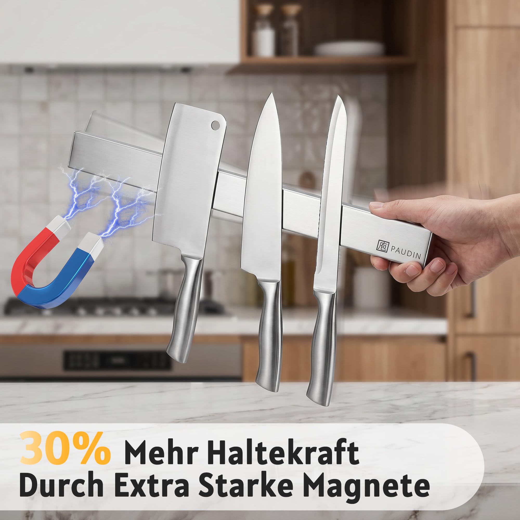 PAUDIN Magnetleiste Messer 45 cm Messerleiste magnetische Küchenmesserleiste aus Edelstahl mit extra starkem Magnet als Messerhalter für Wand Selbstklebend für Küchenutensilien oder Werkzeugen