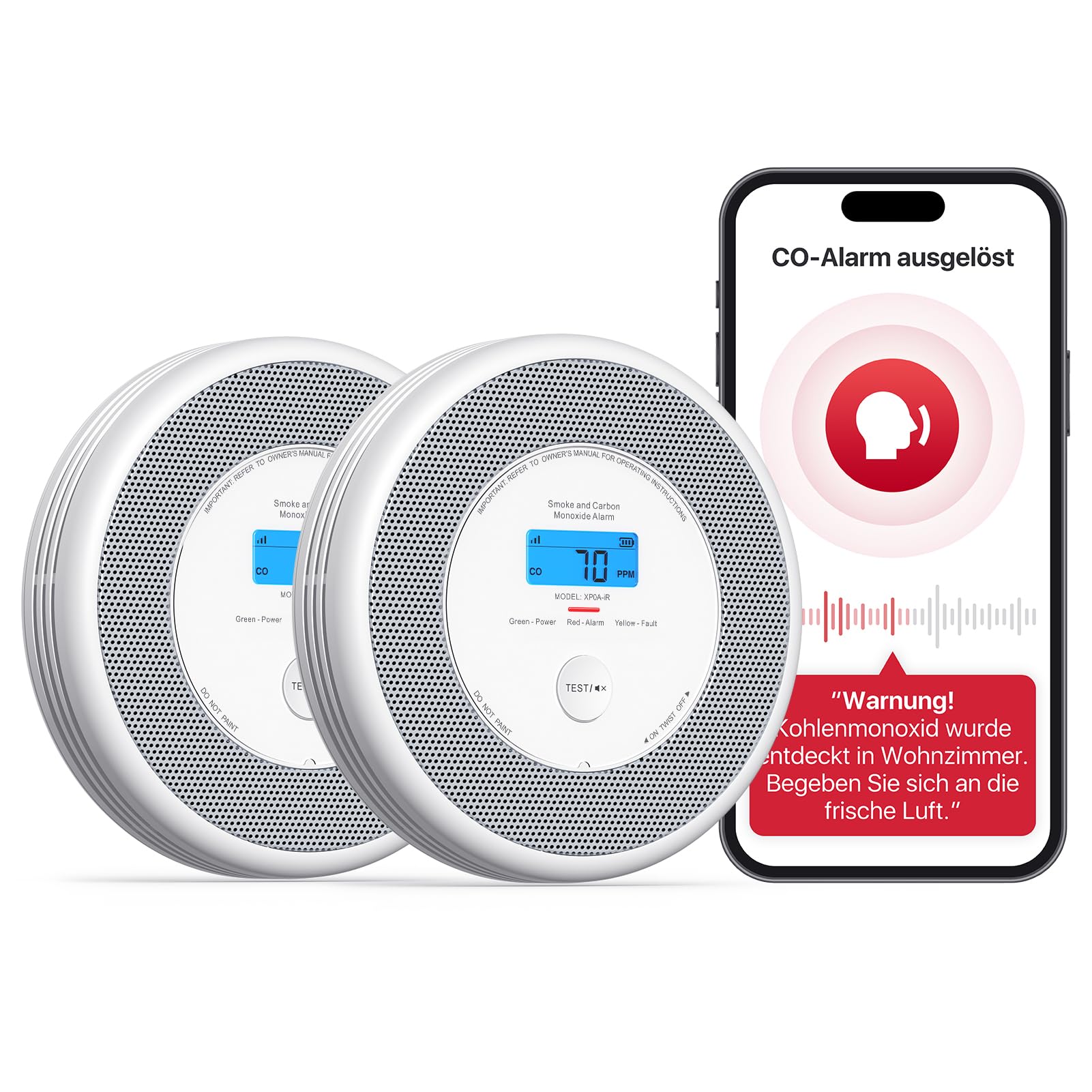 X-Sense XP0A-iR Rauch und CO Melder mit Sprachalarm und Standortansage, WLAN Kombinierter Rauch- und Kohlenmonoxidmelder für 17 festlegbare Räume，kompatibel mit der X-Sense Home Security-App, 2er Set