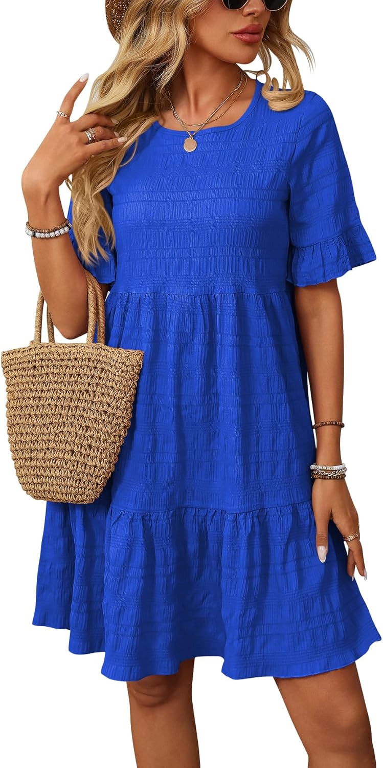 CASURESS Womens Summer Dress Ruffle Sleeve Smocked Crew Neck Midi Dresses Casual Flowy Tiered Swing Boho Beach Sundress