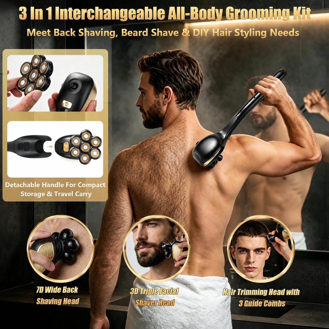 7D Back Shaver for Men, 5 in 1 Electric Body Shaver with Long Handle, Detachable Mens Back Shaver for Close Self-Shaving, Electric Razor for Body & Head, Body Trimmer, IPX6 Waterproof image 3