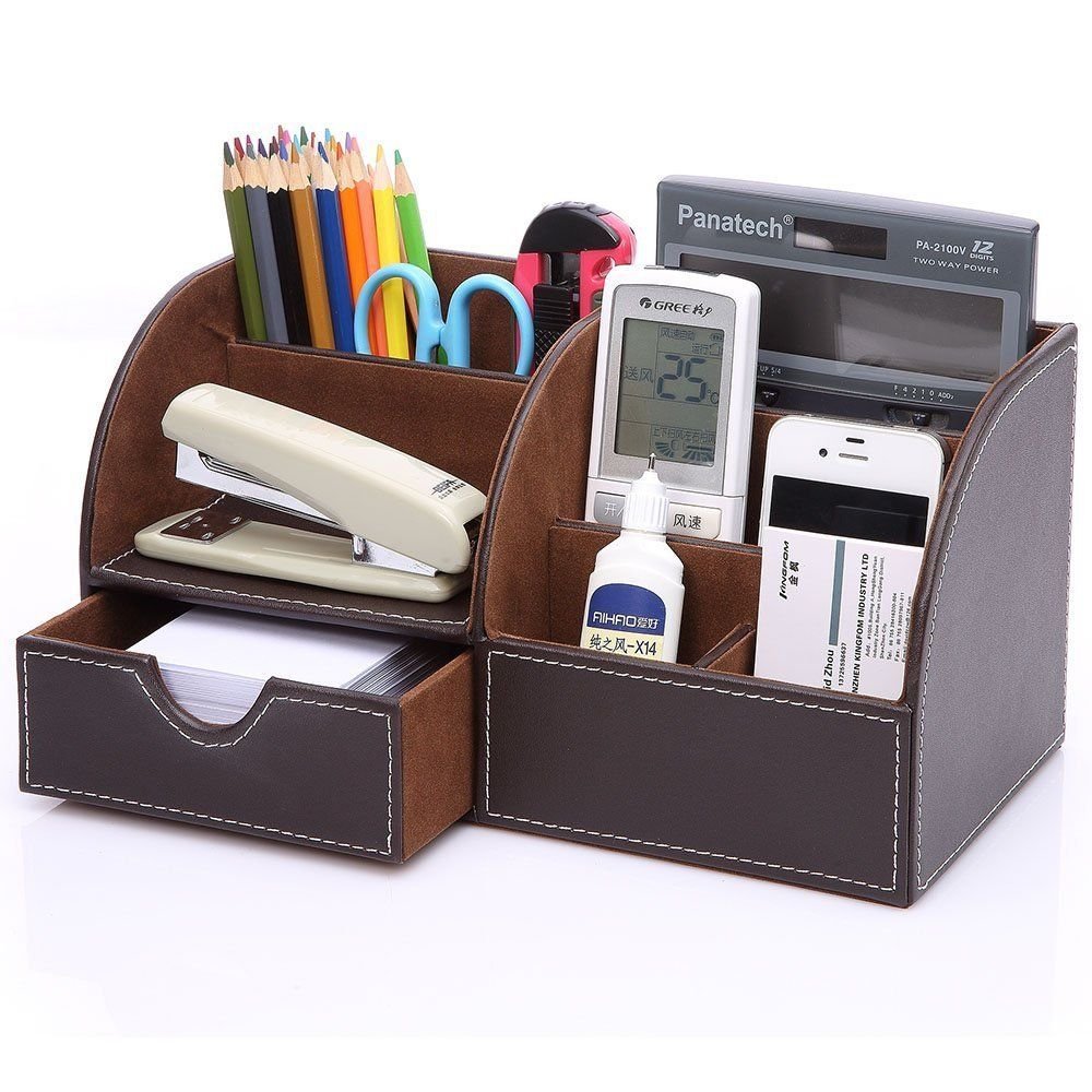 Kingfom 7 Storage Compartments Multifunctional PU Leather Desk Organizer (Brown)