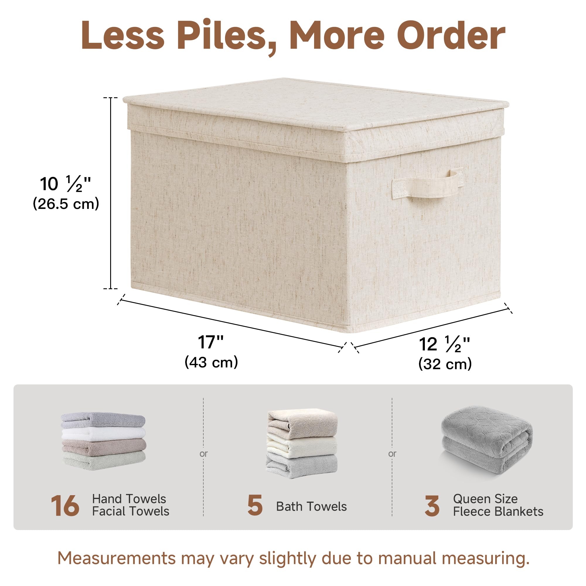 StorageWorks Aufbewahrungskorb mit Deckel, dekorative Aufbewahrungsboxen mit PU-Griffen, stapelbare Stoff-Aufbewahrungskörbe für Schrank, Regale, Beige (Baumwolle-Leinen), Jumbo, 3 Stück