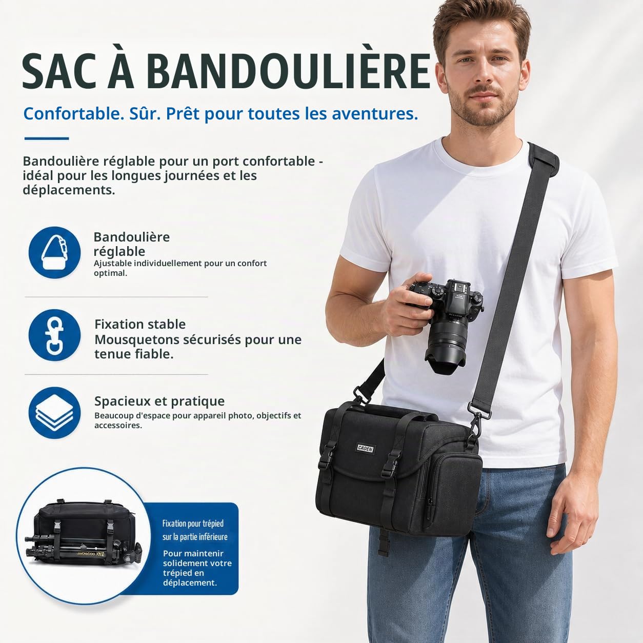 CADeN Grand Sac Bandouliere Appareil Photo Sacoche Housse Photo Reflex Sac Photographe avec Porte Trépied et Rembourrage Amovible pour Voyage Nikon Canon Sony DSLR SLR