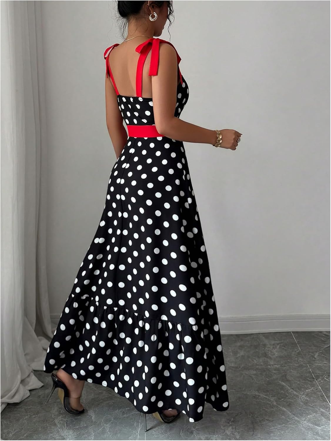 Floerns Women's Polka Dots Tie Shoulder Maxi Dress Sleeveless Vintage Tiered A Line Long Dresses - Image 3