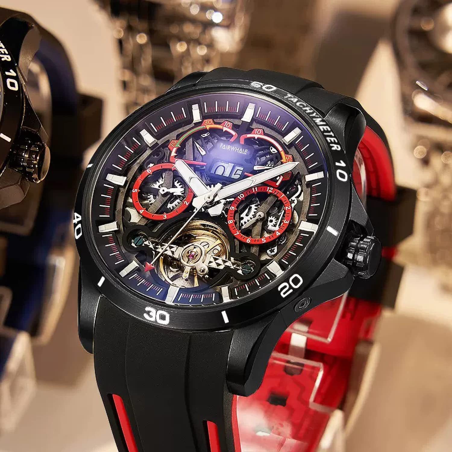 TEINTOP Reloj automático para hombre con complicaciones mecánicas y correa de silicona