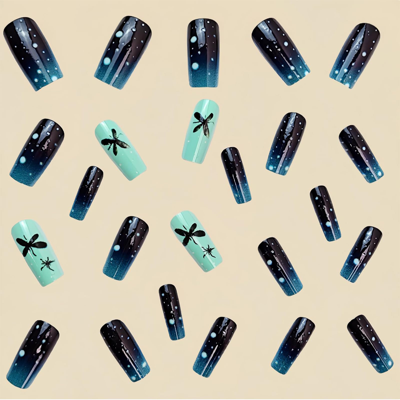 Shimmerz 24 Piece Dark Green Gradient Sticker Nails, Long Length Butterfly Pattern False Nails, Square Coffin Nails for Women - Image 4