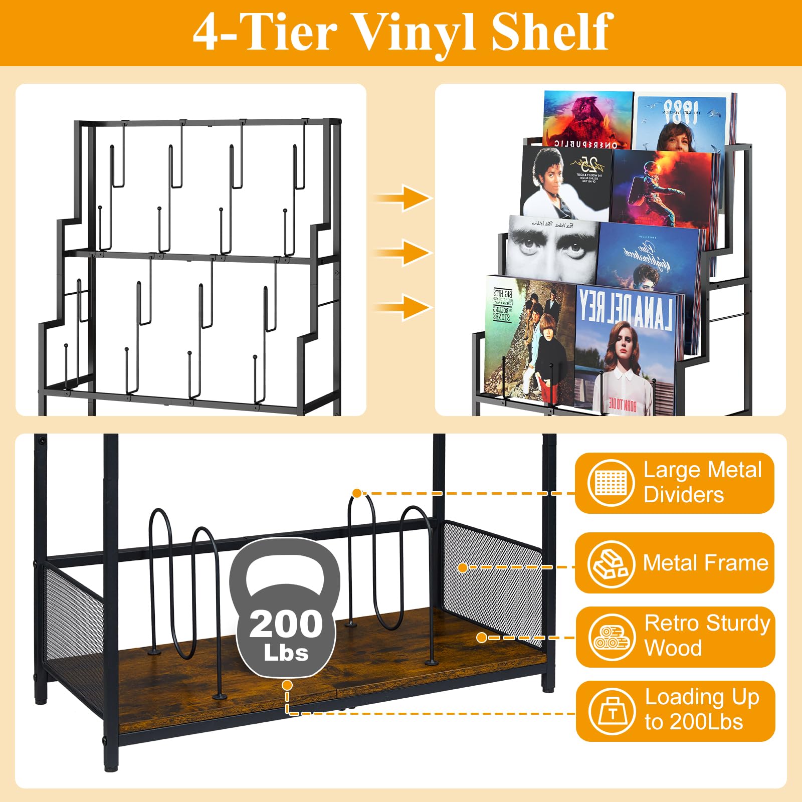 Soporte de almacenamiento de discos de vinilo de 5 niveles con estante de exhibición de discos, organizador de vinilo de gran capacidad, almacenamiento de 250-320 álbumes, estante de metal para LP, CD