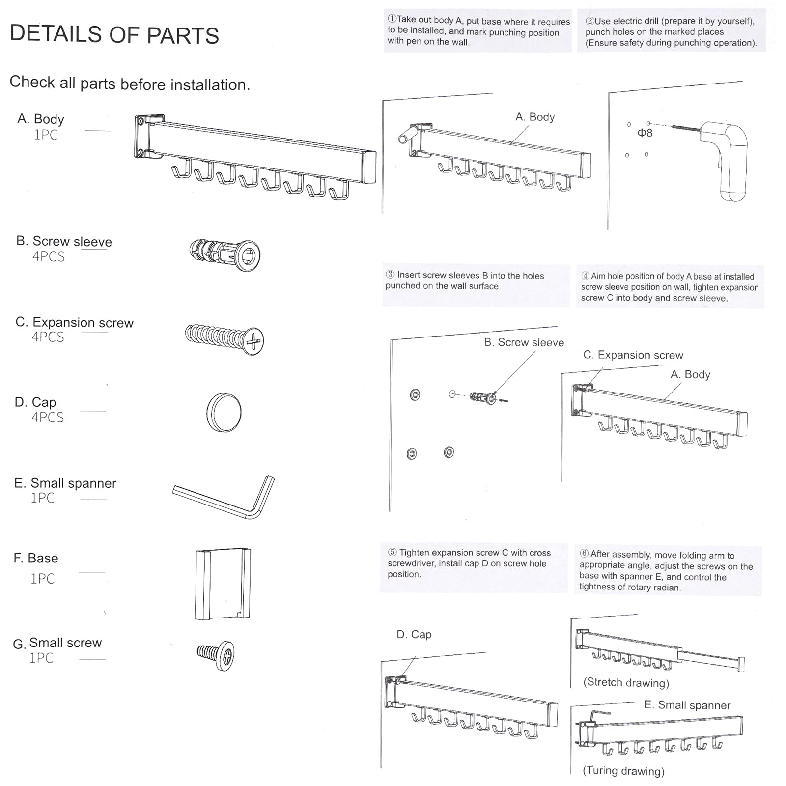 Wäscheständer Wandmontage 128cm Ausziehbar Wandtrockner, Aluminiummaterial, Platzsparender, 180° Drehung, Wäscheständer Klappbar Für Drinnen Und Draußen