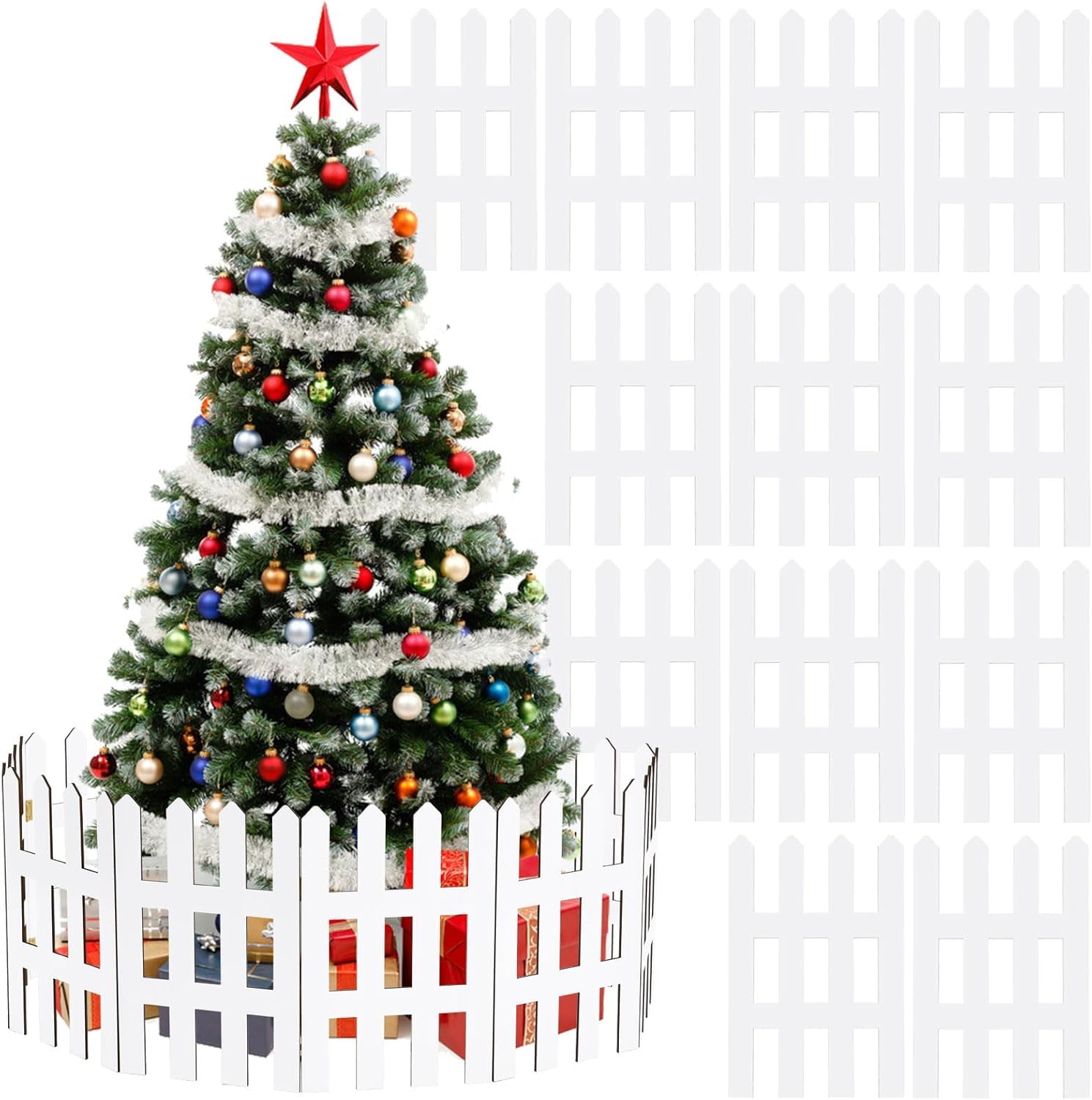 MoDooris 12Pcs Christmas Tree Fences White Wooden Picket Fence Thick Xmas Tree Fence Decorations Wood Gate Barrier for Kids Dogs Pet Guard Christmas Holiday Wedding Home Garden Party Decor, 18" x 12"