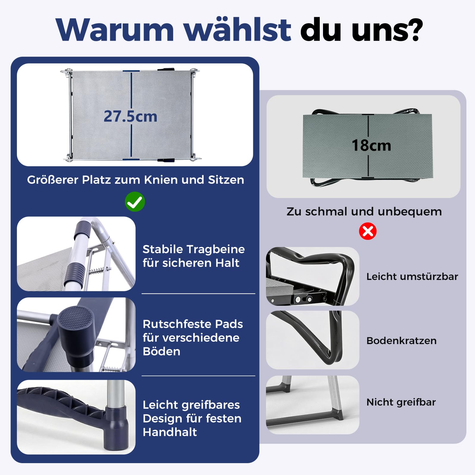 Garten-Kniebank, verbessertes rutschfestes Design & 27,5 cm Kniekissen – klappbar & tragbar, Kniehilfe für Gartenarbeit (bis 150kg), 1 Tasche, HBT 52x28x45cm Grün