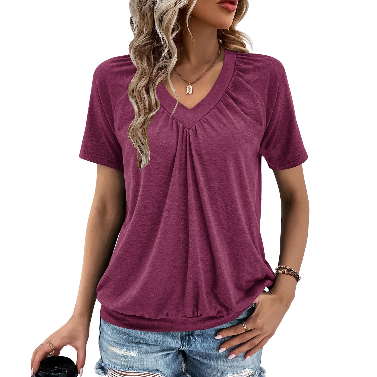 Gihgoew Summer Tops for Women 2025 Shorts Sleeve Womens Tops,V Neck Soft Casual Loose Fit Ruched Top T Shirts Tee Clothes