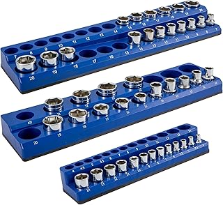 VEVOR 3-Pack Metric Magnetic Socket Organizers, 1/2-inch, 3/8-inch, 1/4-inch Drive Socket Holders Hold 75 Sockets, Blue Tool Box Organizer for Sockets Storage