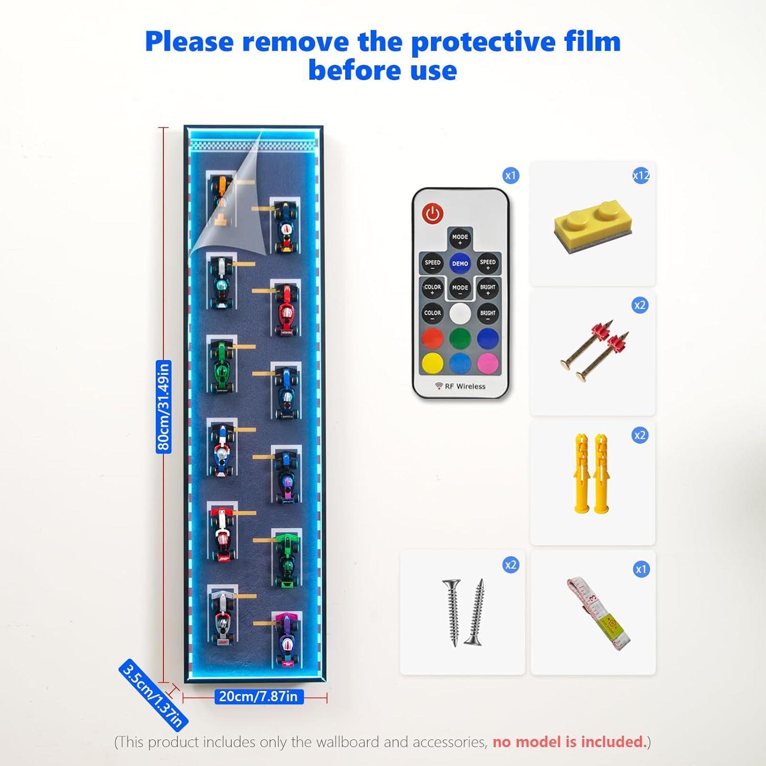 Display Wallboard with RGB LED Lights Compatible with Lego F1 66796&71049 Car Model, F1 Car 12-in-1 Collector's Pack, Wall Mount Compatible with lego F1 Collectible Model Kit(No Model Included)