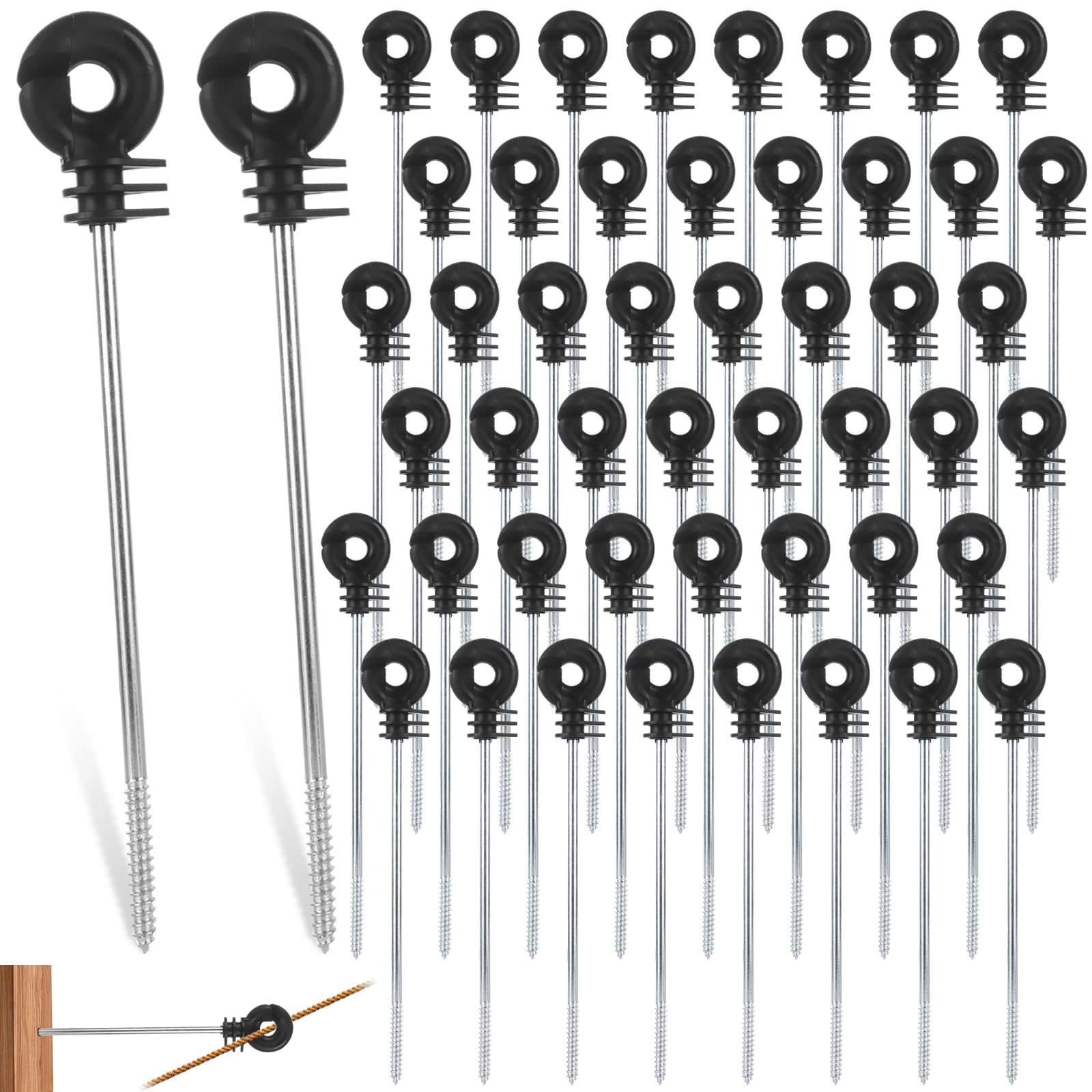 Paquete de 50 aisladores eléctricos de alambre para cerca, aisladores de tornillo en color negro, aisladores de postes de madera, aisladores de alambre para cuerda de cinta, alambre eléctrico