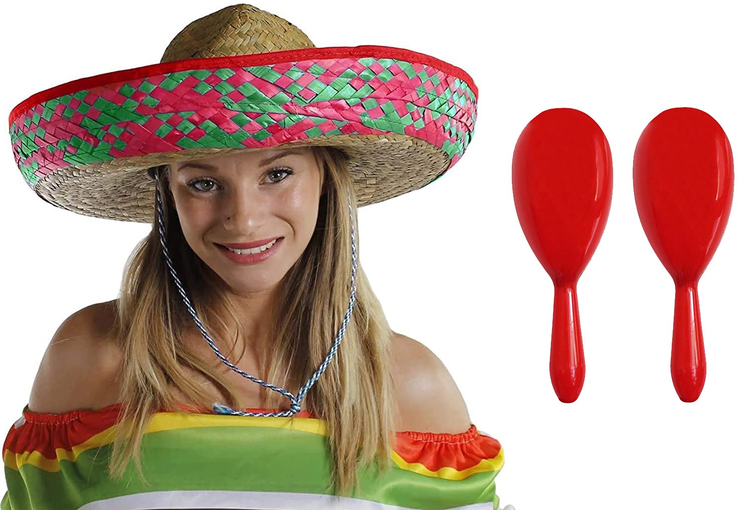 Mexican Sombrero Straw Hat with Maracas - Perfect for Mexican Parties Fiesta Fancy Dress Celebration Hats (3 Red/Green Hats + Matching Maracas)