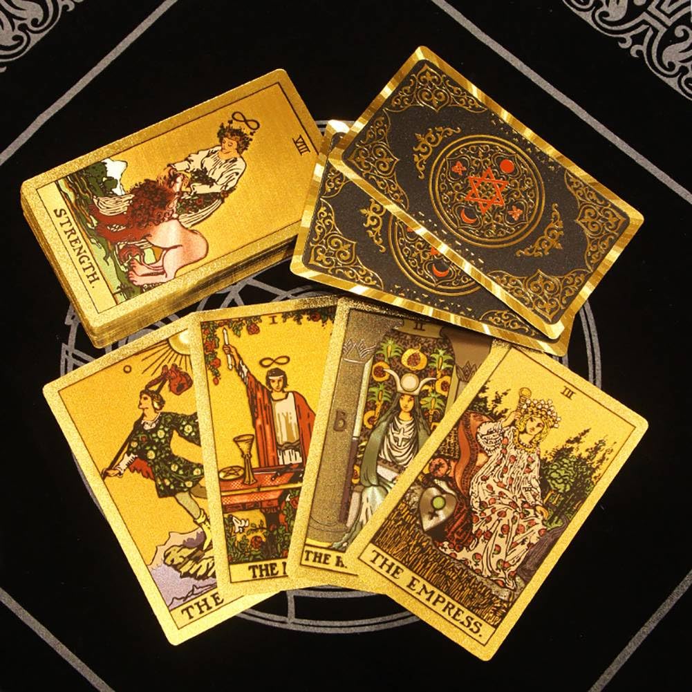 Générique Gold Foil Tarot, Version Anglaise des Outils de Divination, Cartes de Jeu de société de Divertissement Familial, charmants Decks Premium Gold Foil Tarot,Hexagonal Gold,12 * 7cm
