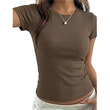Womens Ribbed Knit T Shirts Crewneck Short Sleeve Slim Fit Basic Tee Casual Summer Tops for Women